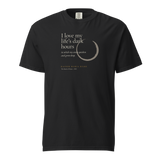 Black t-shirt, front: “I love my life’s dark hours…” Rainer Maria Rilke, beside a pewter ensō.