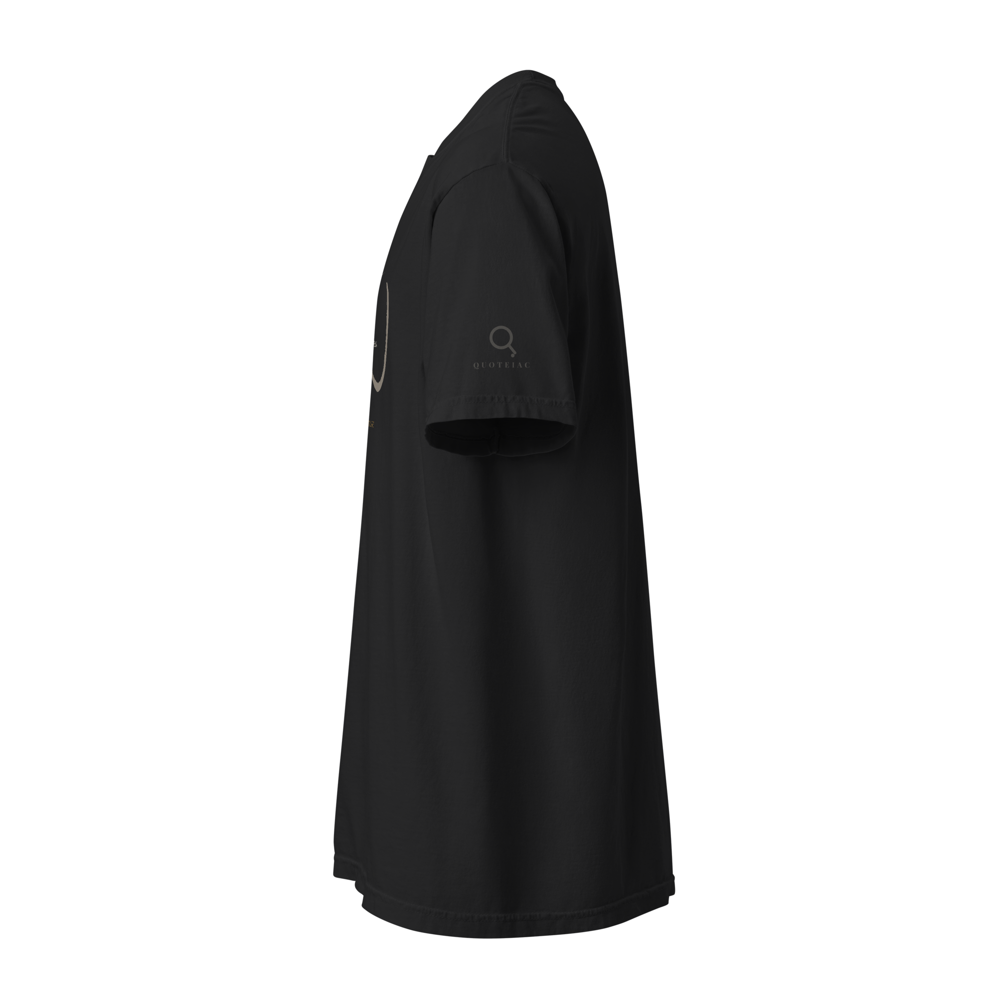 Black garment-dyed t-shirt side view: Quoteiac logo on sleeve, dark hours Rilke design at chest
