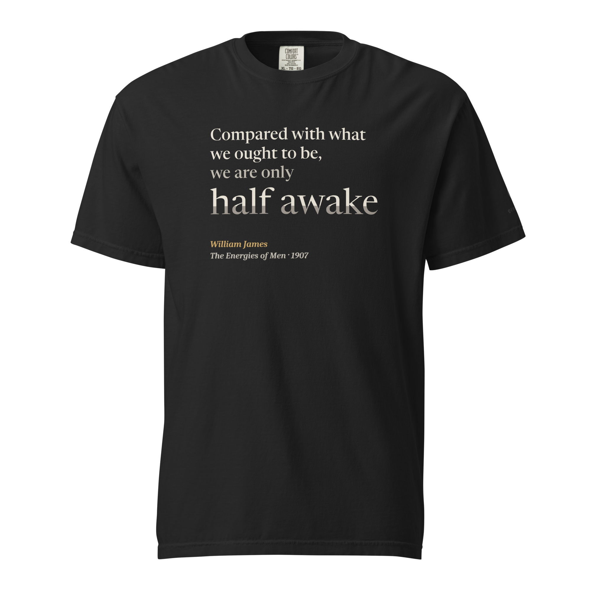 Only Half Awake — William James — literary quote tee — black — front — Quoteiac