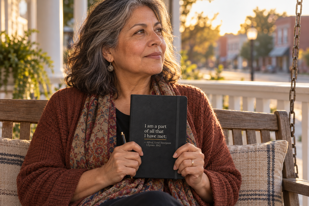 Woman on a porch swing holding the I Am a Part of All That I Have Met — Tennyson journal.