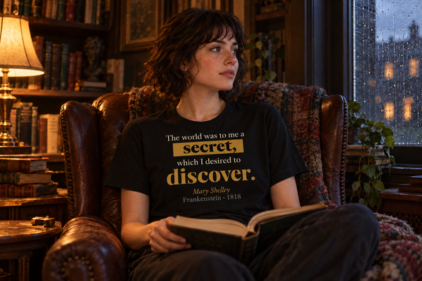 Woman in a reading chair on a rainy evening wearing The World Was to Me a Secret — Mary Shelley tee.