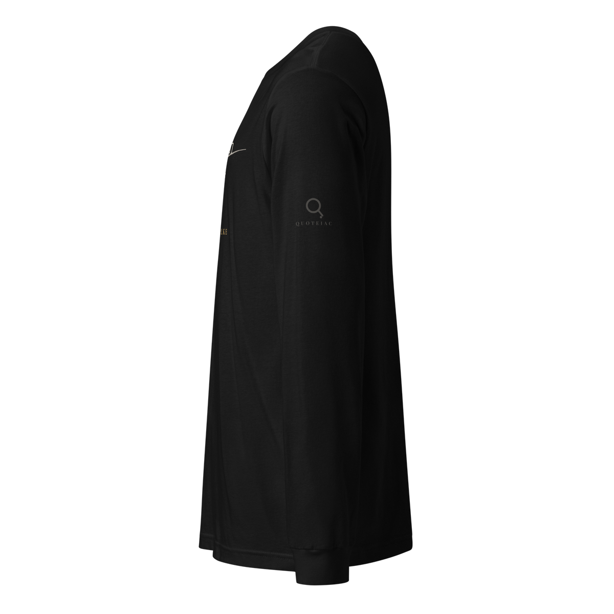 Black long sleeve t-shirt, left side view: the Quoteiac logo on the sleeve.