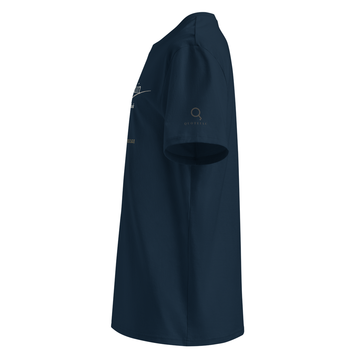 Navy t-shirt, left side view: the Quoteiac logo on the sleeve.