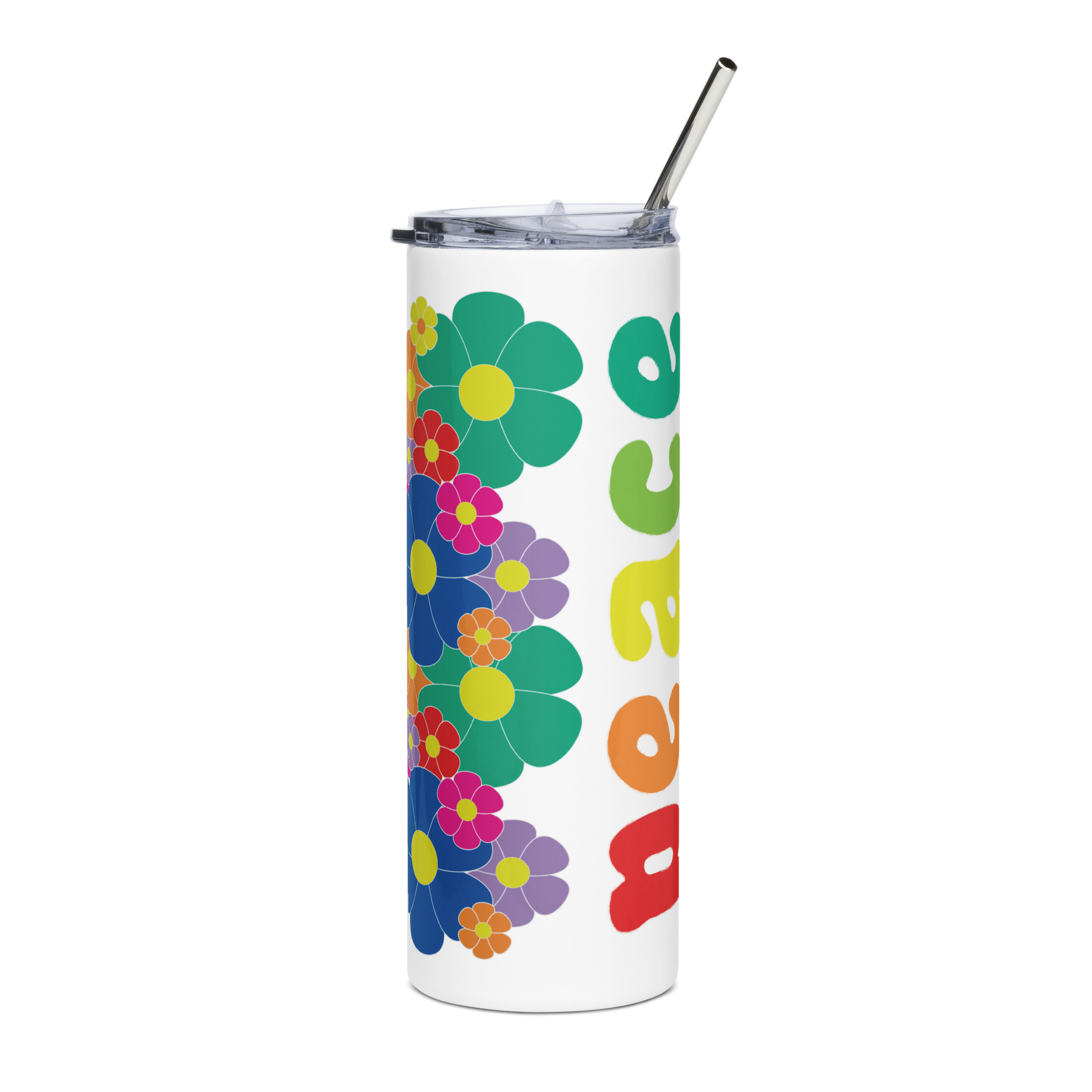 white tumbler with straw peace print