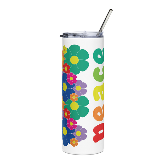 white tumbler with straw peace print