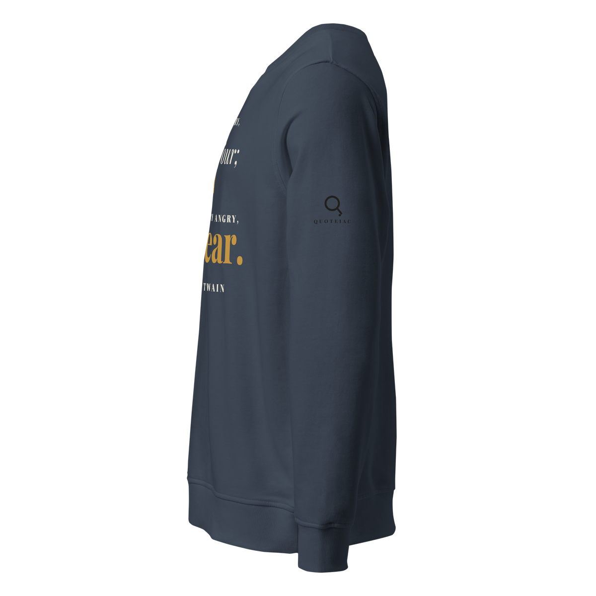 Navy organic sweatshirt, left side view: the Quoteiac logo on the sleeve.