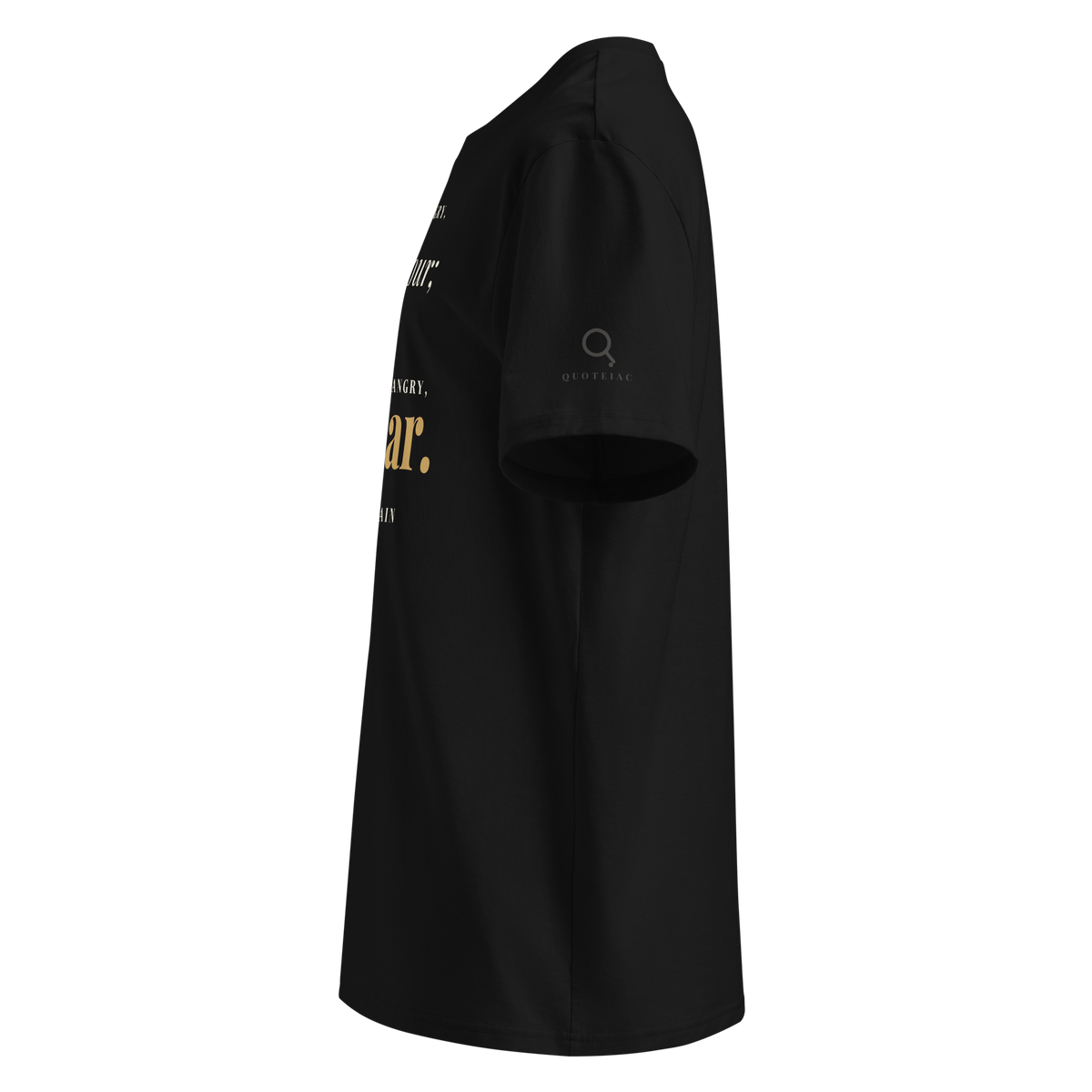 Black organic t-shirt, left side view: the Quoteiac logo on the sleeve.