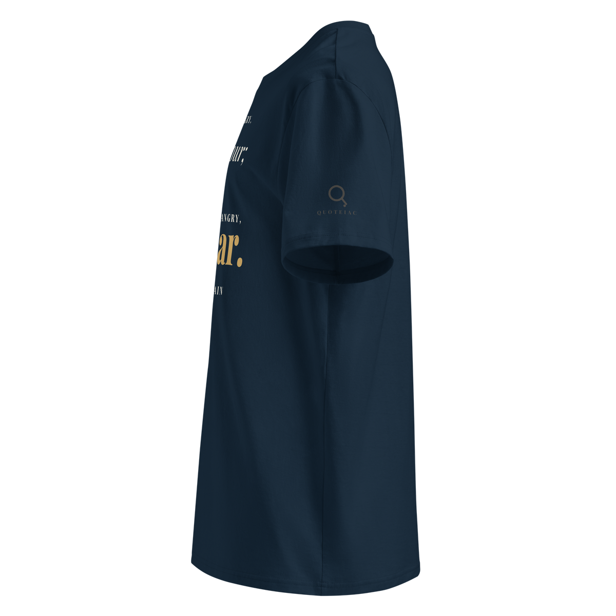 Navy organic t-shirt, left side view: the Quoteiac logo on the sleeve.