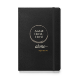 Black hardcover journal, front: "And all I lov'd—I lov'd alone—" Edgar Allan Poe, “alone—” outside an open ensō.
