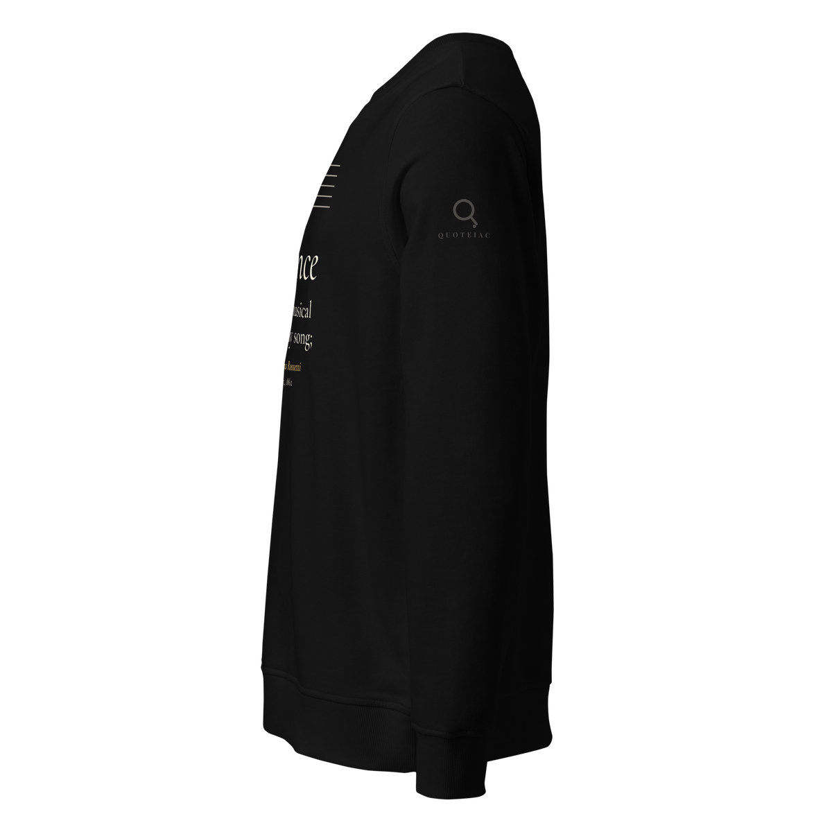 Black organic sweatshirt, left side: plain sleeve with a small Quoteiac logo, print on the front edge.