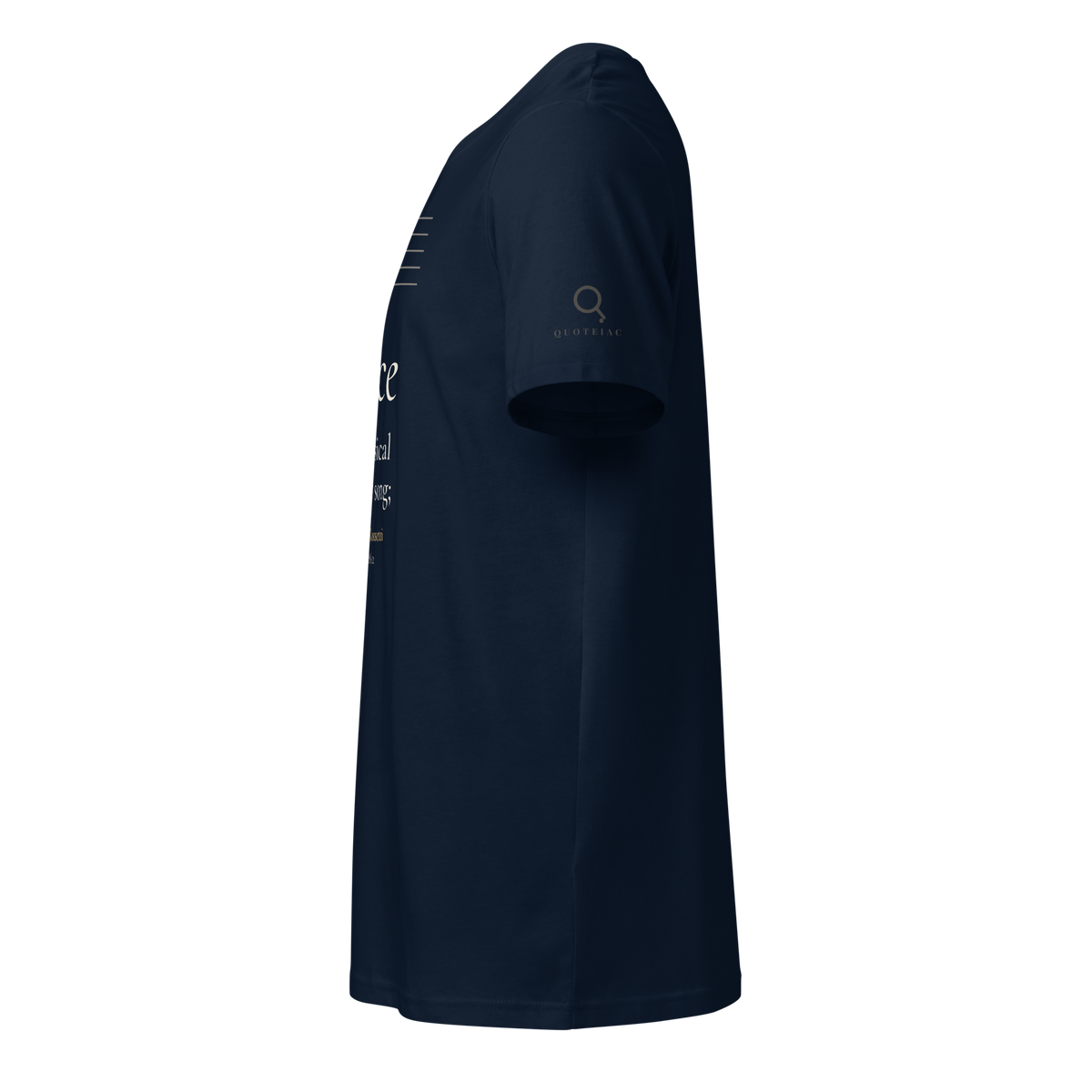 Navy organic t-shirt, left side view: the Quoteiac logo on the sleeve.