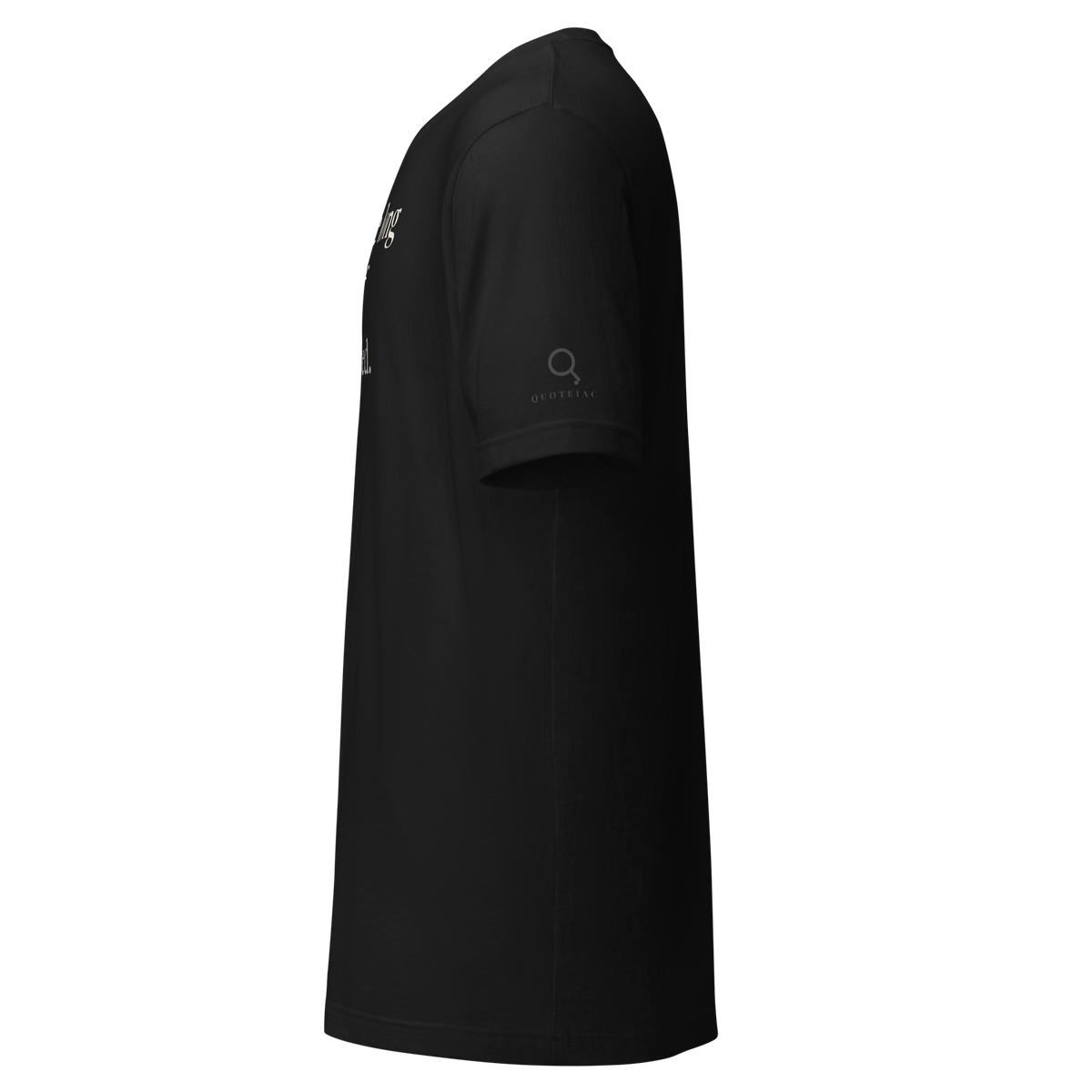 Black t-shirt, left side view: the Quoteiac logo on the sleeve.