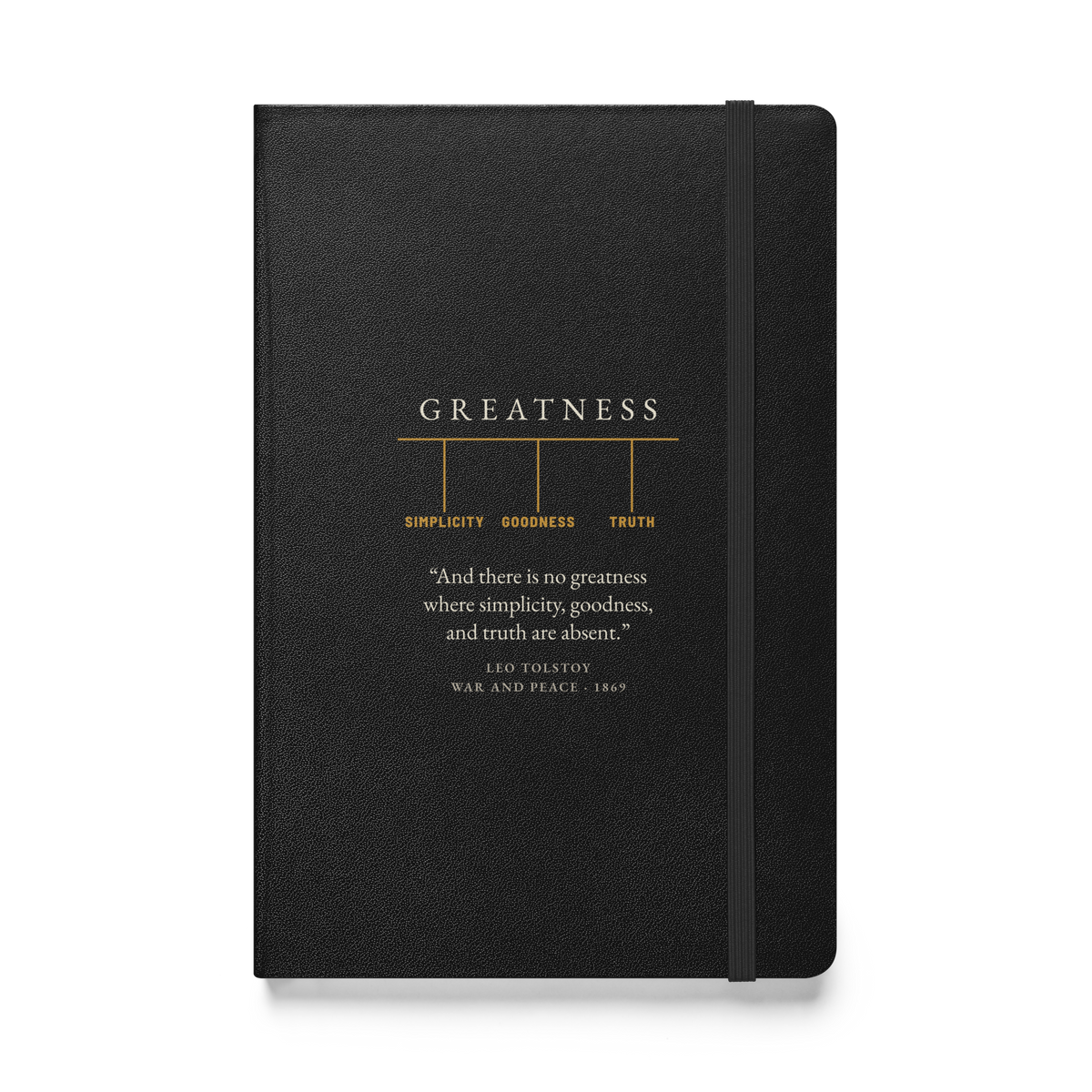 Black hardcover journal, front: GREATNESS held up by SIMPLICITY, GOODNESS and TRUTH, then Tolstoy’s line.