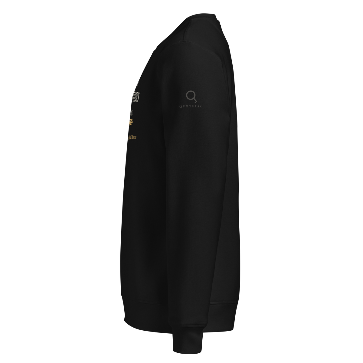 Black sweatshirt, left side view: the Quoteiac logo on the sleeve.
