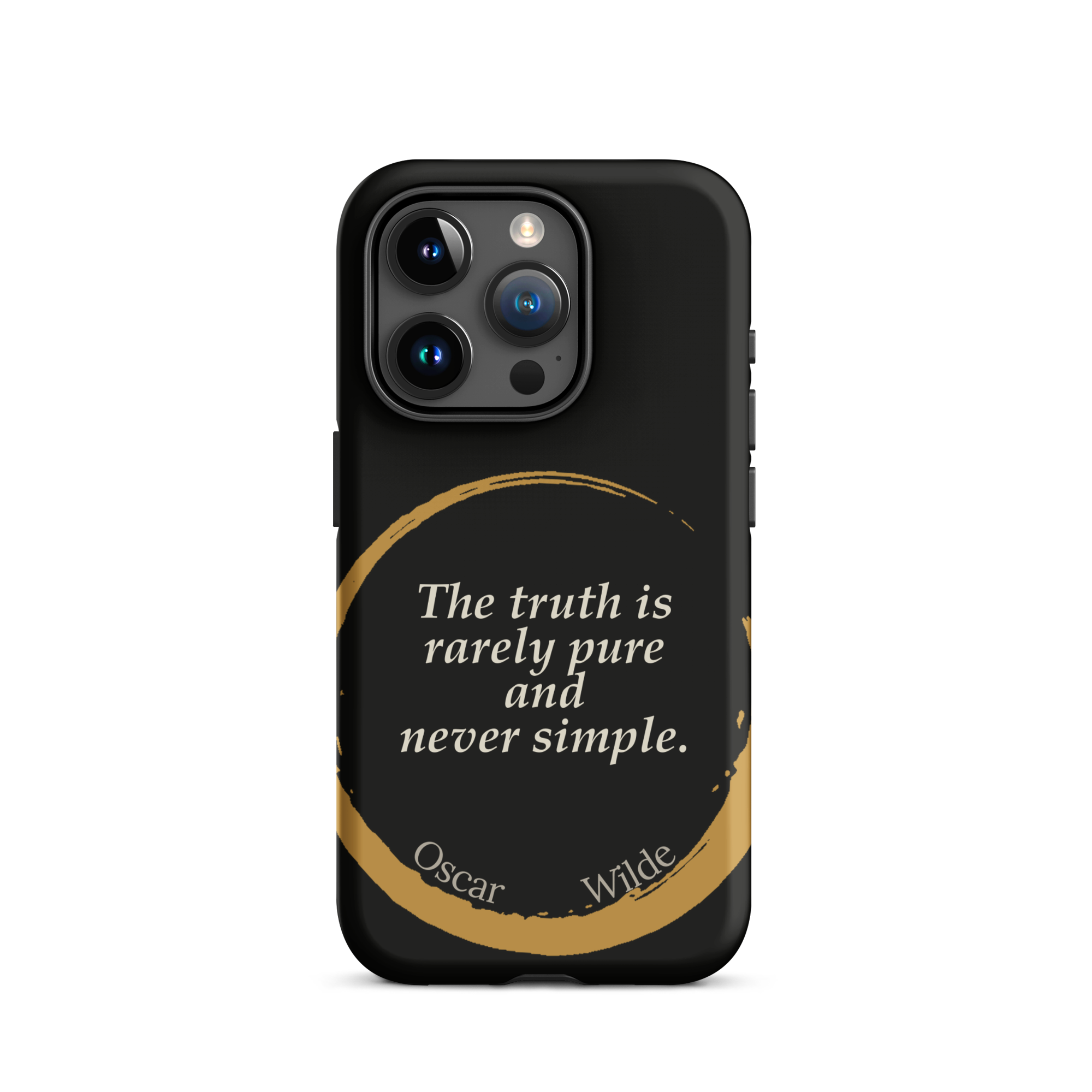 The Truth Wilde Phone Case — Oscar Wilde quote phone case, 'The truth is rarely pure and never simple.' Matte black, enso circle design