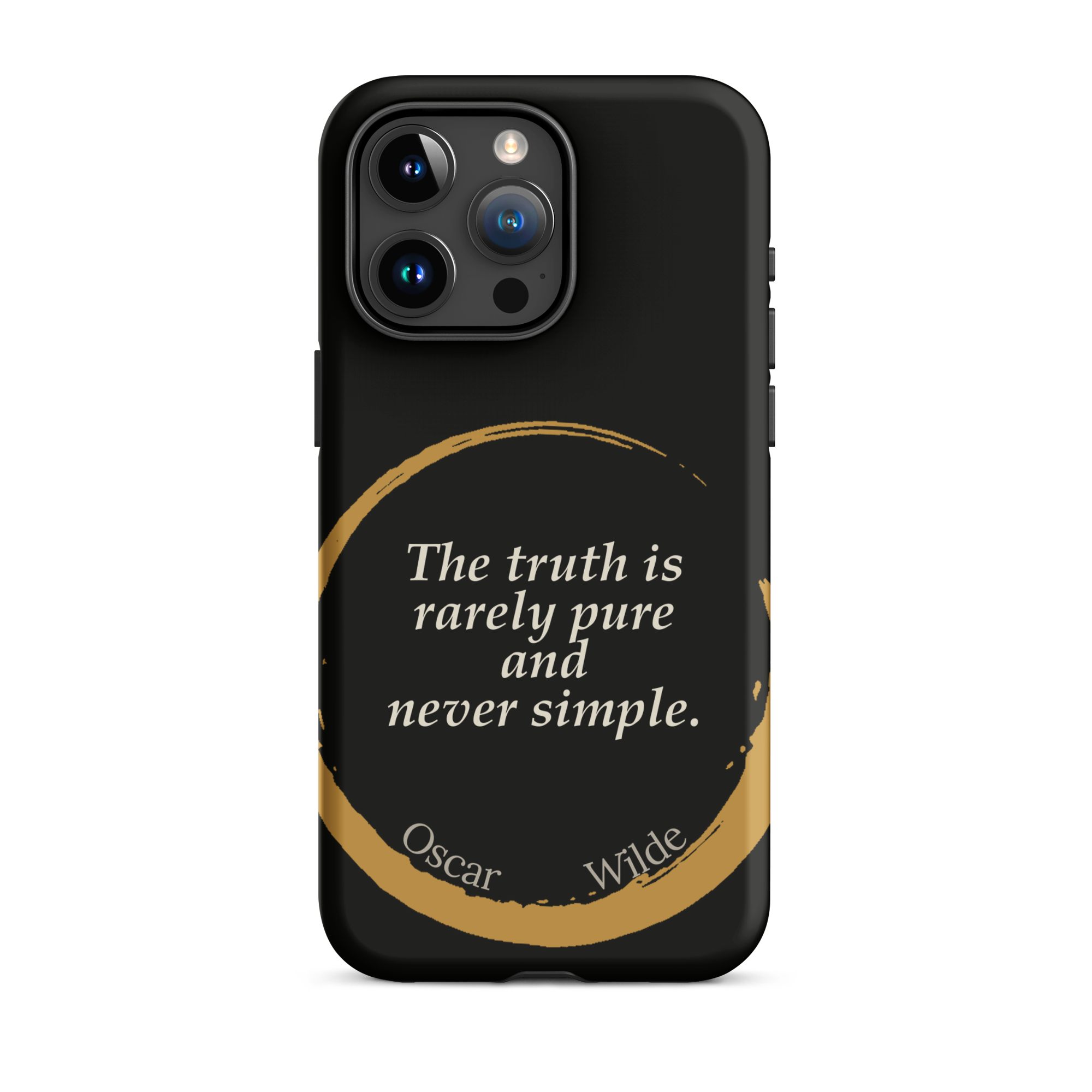 The Truth Wilde Phone Case — Oscar Wilde quote phone case, 'The truth is rarely pure and never simple.' Matte black, enso circle design
