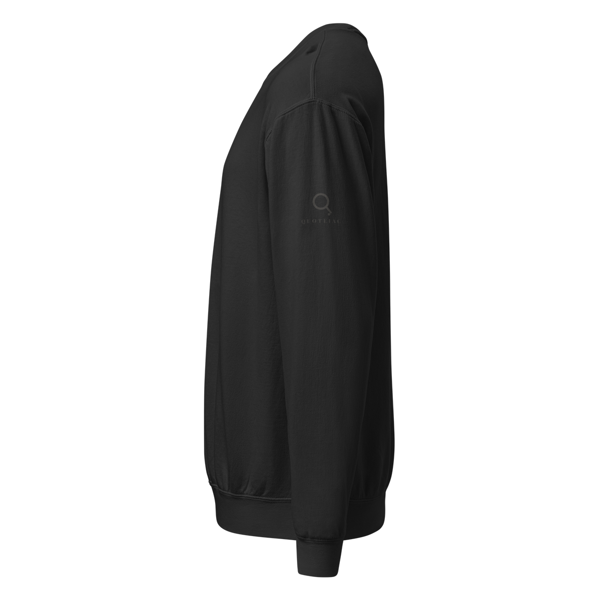 Black sweatshirt, left side view: the Quoteiac logo on the sleeve.