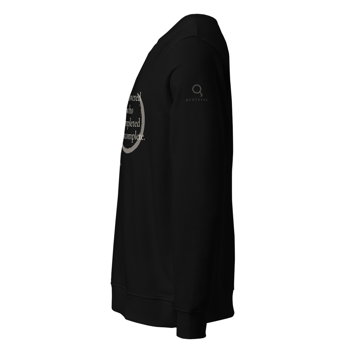 Black organic sweatshirt, left side: plain sleeve with a small Quoteiac logo, print on the front edge.