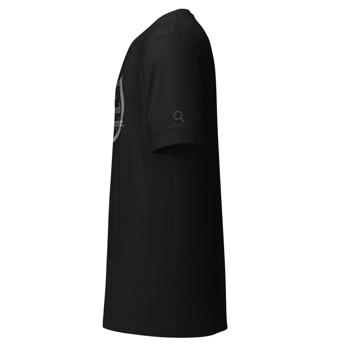 Black t-shirt, left side view: the Quoteiac logo on the sleeve.