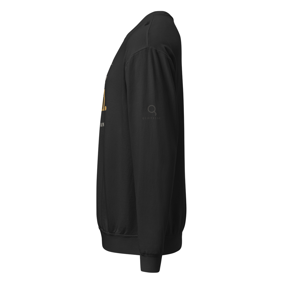 Black sweatshirt, left side view: the Quoteiac logo on the sleeve.