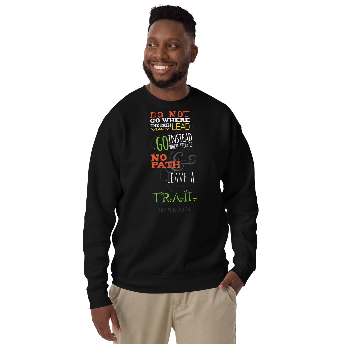 man wearing black sweatshirt with printed quote