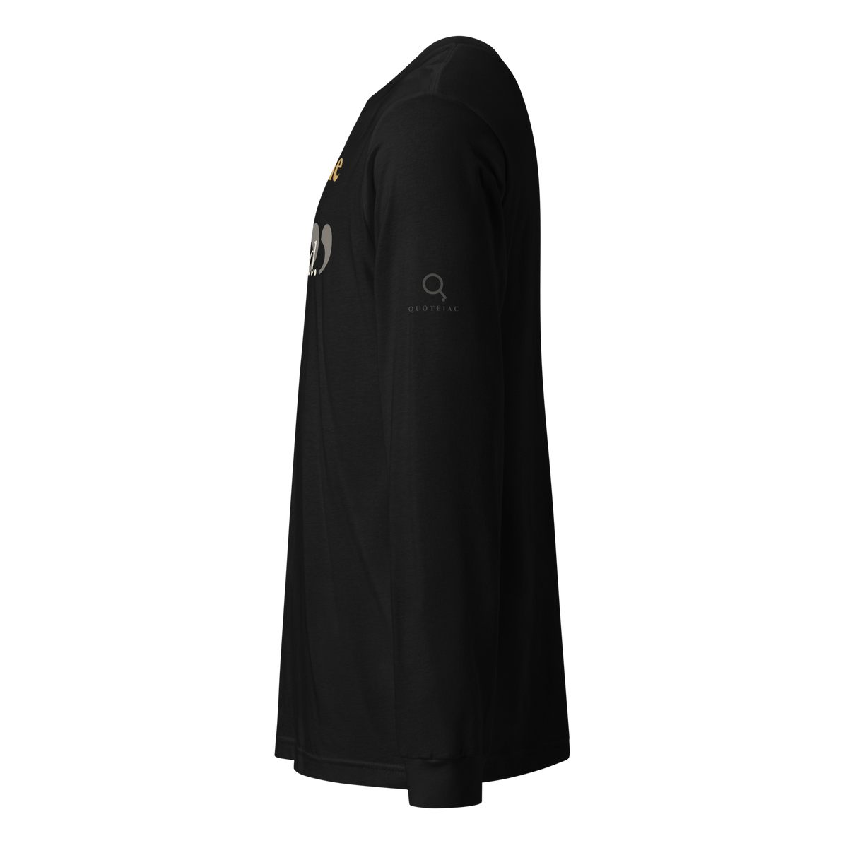 Black long sleeve tee, left side: small Quoteiac logo on the sleeve, Franklin quote on the front edge.