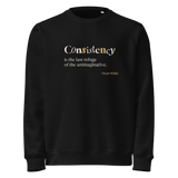 Black sweatshirt, front: “Consistency is the last refuge of the unimaginative.” Wilde, the first word in five typefaces.