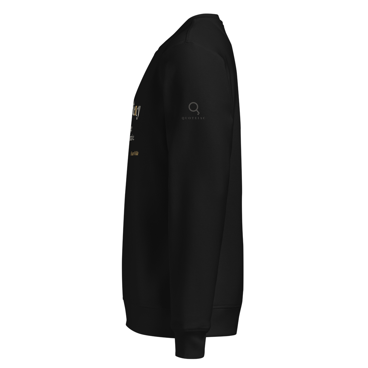Black sweatshirt, left side view: the Quoteiac logo on the sleeve.