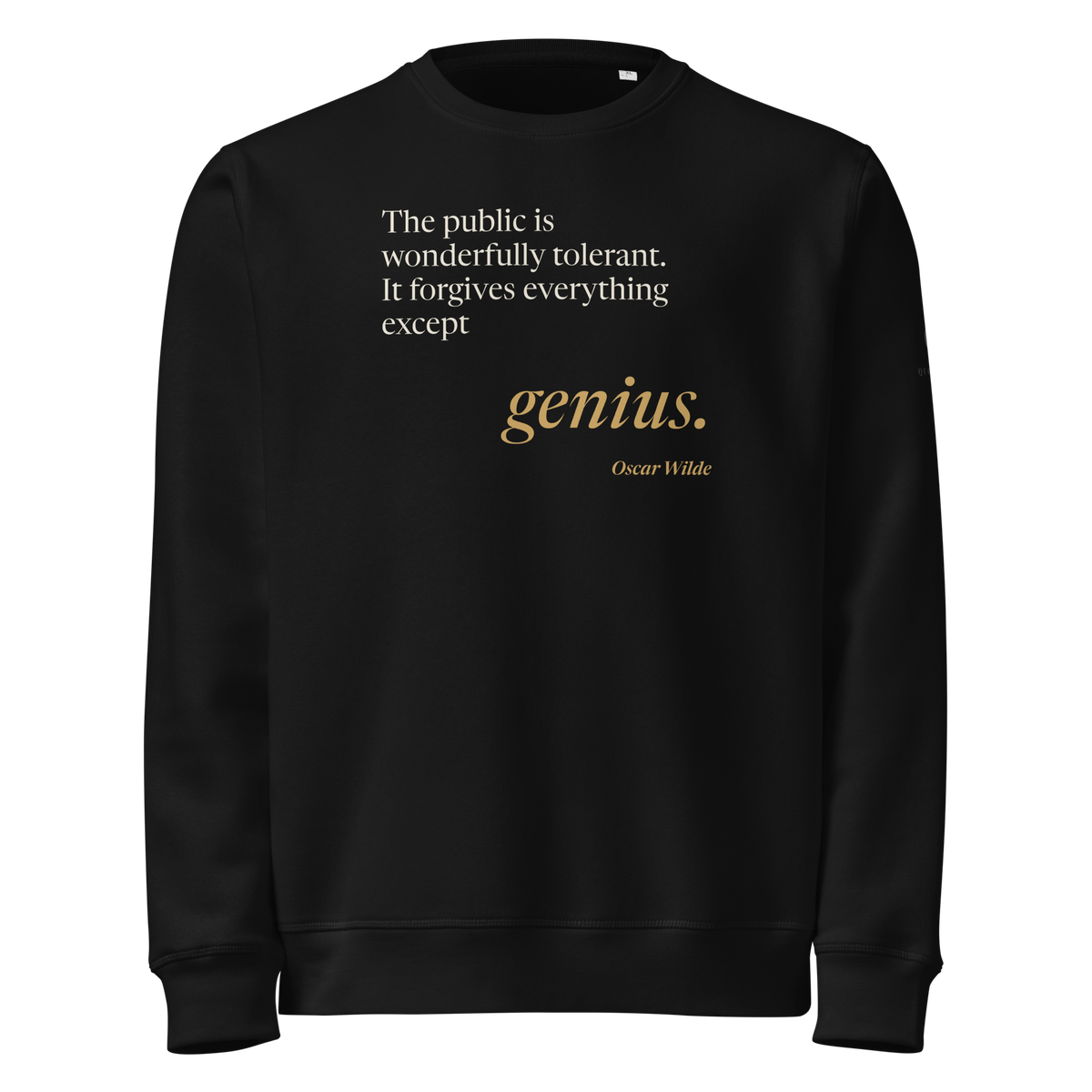 Black sweatshirt, front: “The public is wonderfully tolerant. It forgives everything except genius.” Oscar Wilde.