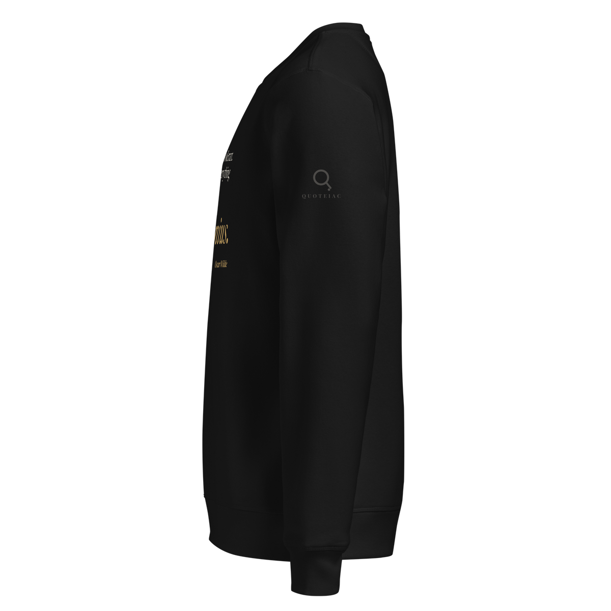 Black sweatshirt, left side view: the Quoteiac logo on the sleeve.