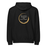 Black full-zip hoodie, back: “The truth is rarely pure and never simple.” Oscar Wilde, inside an open ensō.