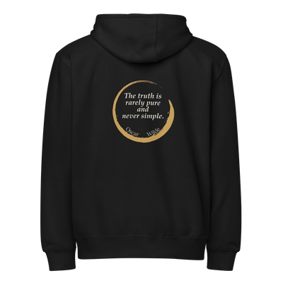 Black full-zip hoodie, back: “The truth is rarely pure and never simple.” Oscar Wilde, inside an open ensō.